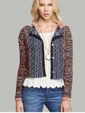 Free People Vintage Split Back Wool Blend Cardigan Navy Burgundy snap front S